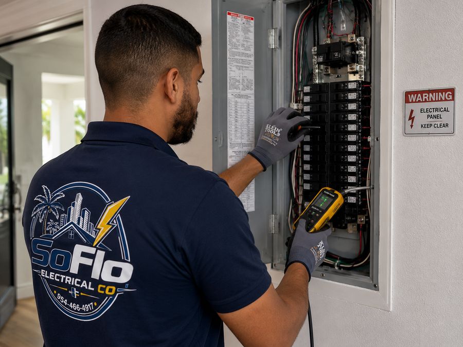 Electrician testing a residential electrical panel